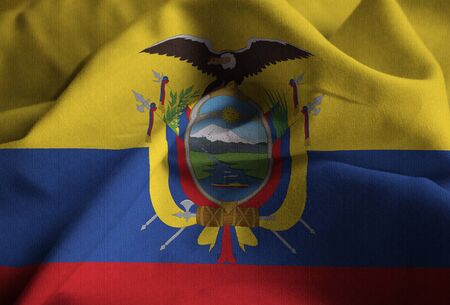 Closeup of Ruffled Ecuador Flag, Ecuador Flag Blowing in Windの写真素材