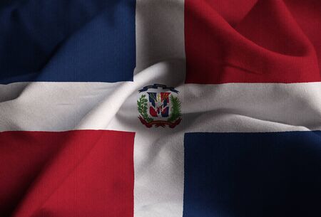 Closeup of Ruffled Dominican Republic Flag, Dominican Republic Flag Blowing in Windの写真素材