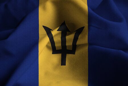 Closeup of Ruffled Barbados Flag, Barbados Flag Blowing in Windの写真素材