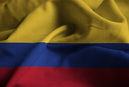 Closeup of Ruffled Colombia Flag, Colombia Flag Blowing in Windの写真素材