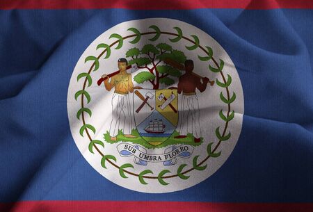 Closeup of Ruffled Belize Flag, Belize Flag Blowing in Windの写真素材