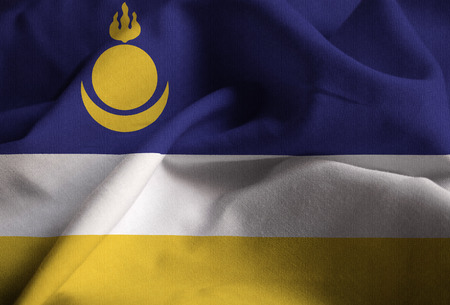 Closeup of Ruffled Buryatia Flag, Buryatia Flag Blowing in Windの写真素材
