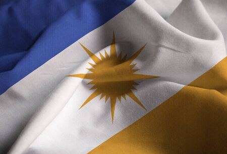 Closeup of Ruffled Bandeira do Tocantins Flag, Bandeira do Tocantins Flag Blowing in Windの写真素材