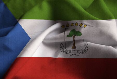 Closeup of Ruffled Equatorial Guinea Flag, Equatorial Guinea Flag Blowing in Windの写真素材