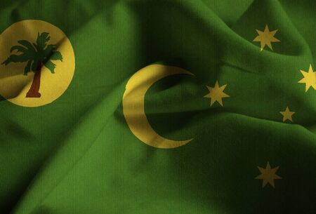 Closeup of Ruffled Cocos Islands Flag, Cocos Islands Flag Blowing in Windの写真素材