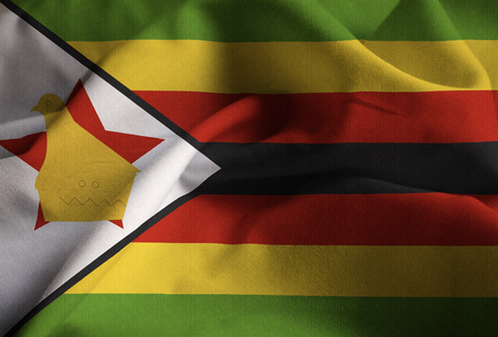 Closeup of Ruffled Zimbabwe Flag, Zimbabwe Flag Blowing in Windの写真素材