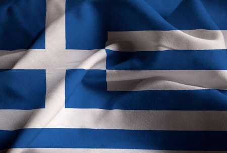 Closeup of Ruffled Greece Flag, Greece Flag Blowing in Windの写真素材