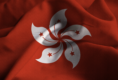 Closeup of Ruffled Hong Kong Flag, Hong Kong Flag Blowing in Windの写真素材