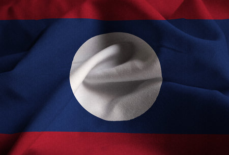 Closeup of Ruffled Laos Flag, Laos Flag Blowing in Windの写真素材