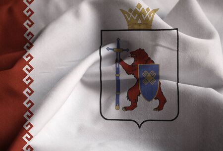 Closeup of Ruffled Mari El Flag, Mari El Flag Blowing in Windの写真素材