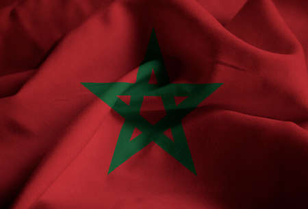 Closeup of Ruffled Morocco Flag, Morocco Flag Blowing in Windの写真素材