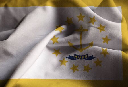 Closeup of Ruffled Rhode Island Flag, Rhode Island Flag Blowing in Windの写真素材