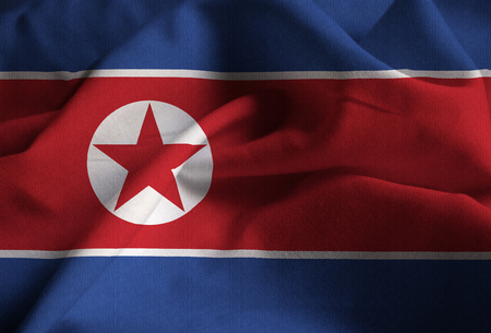 Closeup of Ruffled North Korea Flag, North Korea Flag Blowing in Windの写真素材