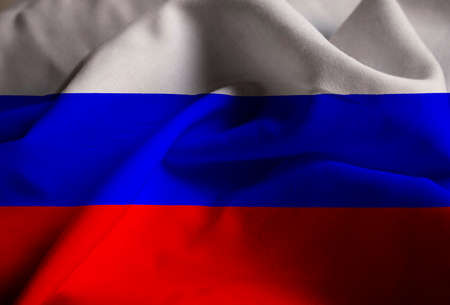 Closeup of Ruffled Russia Flag, Russia Flag Blowing in Windの写真素材