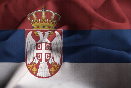 Closeup of Ruffled Serbia Flag, Serbia Flag Blowing in Wind