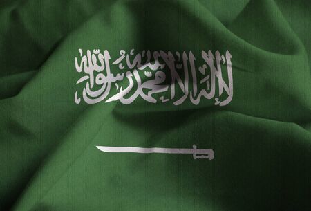 Closeup of Ruffled Saudi Arabia Flag, Saudi Arabia Flag Blowing in Windの写真素材