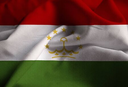 Closeup of Ruffled Tajikistan Flag, Tajikistan Flag Blowing in Windの写真素材
