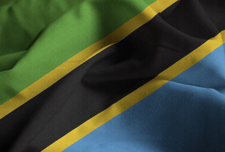 Closeup of Ruffled Tanzania Flag, Tanzania Flag Blowing in Windの写真素材