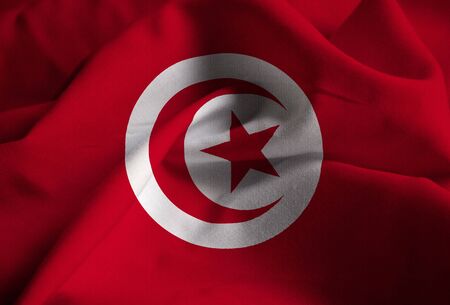 Closeup of Ruffled Tunisia Flag, Tunisia Flag Blowing in Windの写真素材