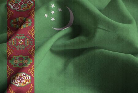 Closeup of Ruffled Turkmenistan Flag, Turkmenistan Flag Blowing in Windの写真素材