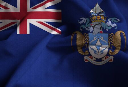 Closeup of Ruffled Tristan da Cunha Flag, Tristan da Cunha Flag Blowing in Windの写真素材