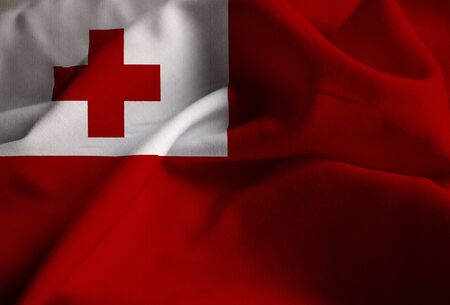 Closeup of Ruffled Tonga Flag, Tonga Flag Blowing in Windの写真素材
