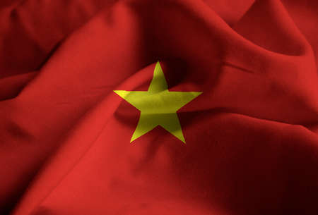 Closeup of Ruffled Vietnam Flag, Vietnam Flag Blowing in Windの写真素材