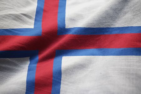 Closeup of Ruffled Faroe Islands Flag, Faroe Islands Flag Blowing in Windの写真素材