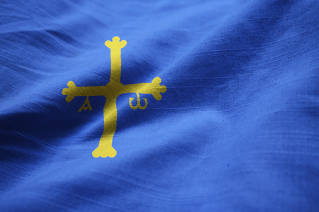 Closeup of Ruffled Asturias Flag, Asturias Flag Blowing in Windの写真素材