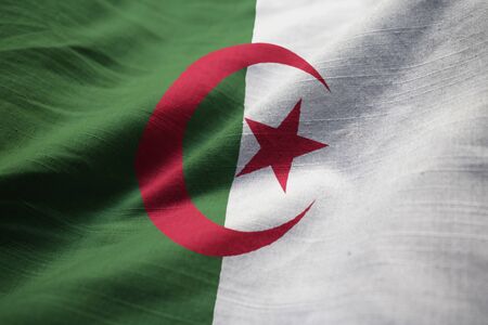 Closeup of Ruffled Algeria Flag, Algeria Flag Blowing in Windの写真素材