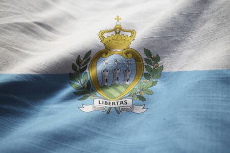 Closeup of Ruffled San Marino Flag, San Marino Flag Blowing in Windの写真素材