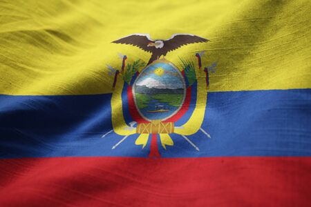 Closeup of Ruffled Ecuador Flag, Ecuador Flag Blowing in Windの写真素材