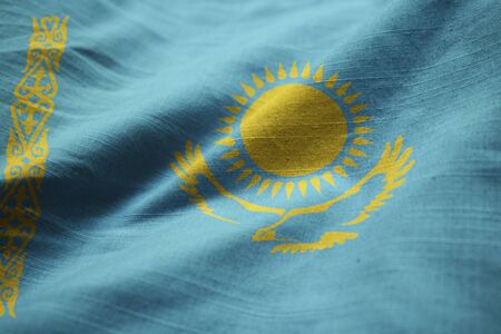 Closeup of Ruffled Kazakhstan Flag, Kazakhstan Flag Blowing in Windの写真素材