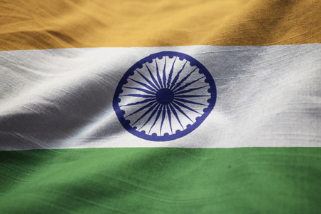 Closeup of Ruffled India Flag, India Flag Blowing in Windの写真素材