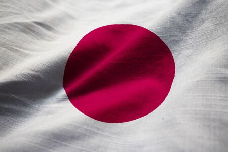 Closeup of Ruffled Japan Flag, Japan Flag Blowing in Windの写真素材
