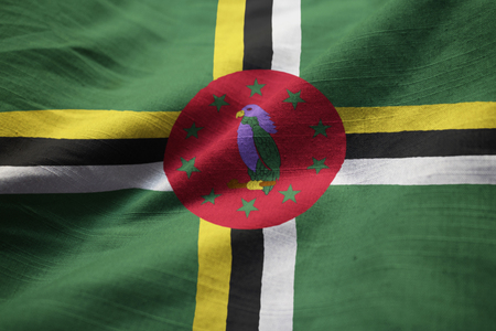 Closeup of Ruffled Dominica Flag, Dominica Flag Blowing in Windの写真素材