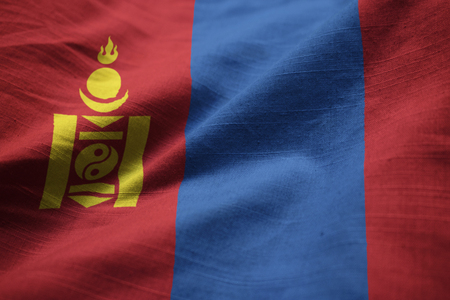 Closeup of Ruffled Mongolia Flag, Mongolia Flag Blowing in Windの写真素材