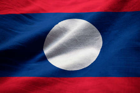 Closeup of Ruffled Laos Flag, Laos Flag Blowing in Windの写真素材