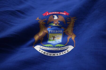 Closeup of Ruffled Michigan Flag, Michigan Flag Blowing in Windの写真素材
