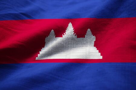 Closeup of Ruffled Cambodia Flag, Cambodia Flag Blowing in Windの写真素材