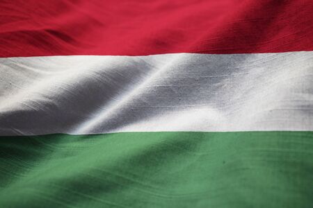 Closeup of Ruffled Hungary Flag, Hungary Flag Blowing in Windの写真素材