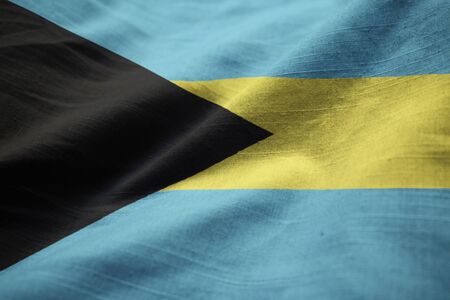 Closeup of Ruffled Bahamas Flag, Bahamas Flag Blowing in Windの写真素材