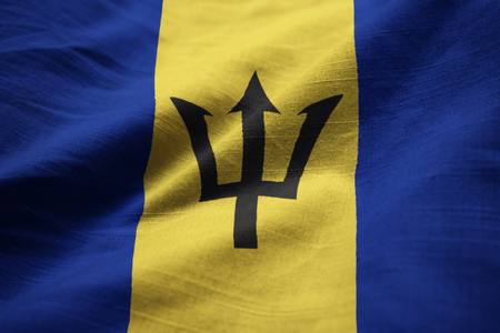 Closeup of Ruffled Barbados Flag, Barbados Flag Blowing in Windの写真素材