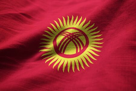 Closeup of Ruffled Kyrgyzstan Flag, Kyrgyzstan Flag Blowing in Windの写真素材
