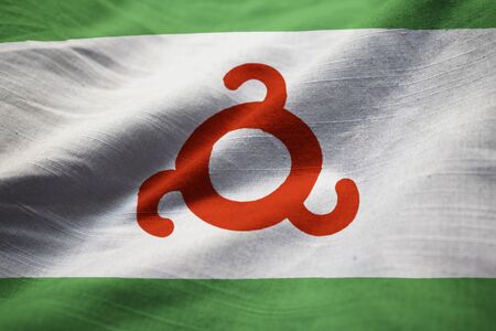 Closeup of Ruffled Ingushetia Flag, Ingushetia Flag Blowing in Windの写真素材
