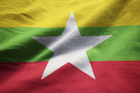 Closeup of Ruffled Myanmar Flag, Myanmar Flag Blowing in Windの写真素材