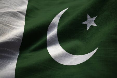 Closeup of Ruffled Pakistan Flag, Pakistan Flag Blowing in Windの写真素材