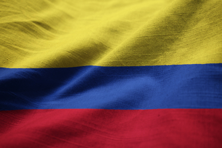 Closeup of Ruffled Colombia Flag, Colombia Flag Blowing in Windの写真素材