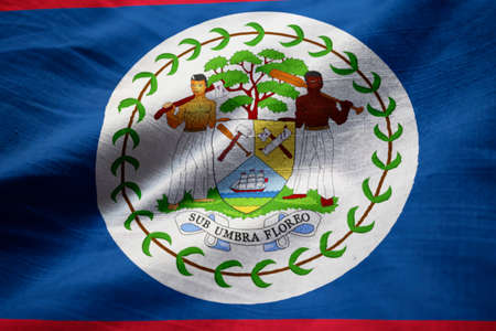 Closeup of Ruffled Belize Flag, Belize Flag Blowing in Windの写真素材