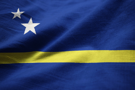 Closeup of Ruffled Curacao Flag, Curacao Flag Blowing in Windの写真素材